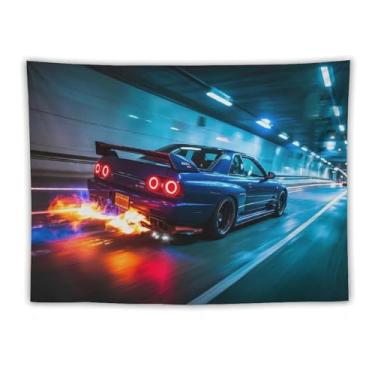 Imagem de HouLaiZhe JDM Tapeçaria de carro Jdm Car R32 que lança chamas em alta velocidade para pendurar na parede quarto decoração de casa tapeçarias estética piquenique decoração de parede arte de parede para