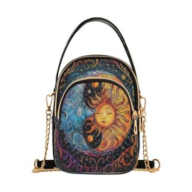 Imagem de Bolsa tiracolo Sunset Dolphins pulando na água para mulheres bolsa tiracolo com zíper triplo pequena, bolsa tiracolo pequena, Lua e sol coloridos, 15*21*8cm