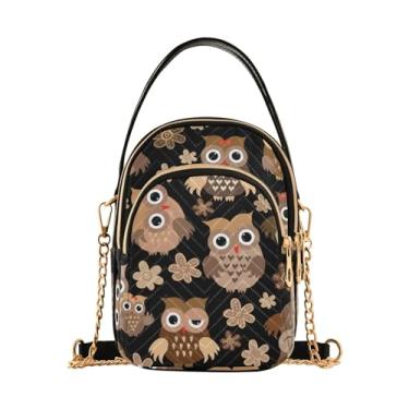 Imagem de Bolsa feminina de ombro azul golfinho baleias marinhas para celular bolsa de mão floral designer clutch tote, Desenho de flor de coruja marrom, 5.91x3.15x8.27inches