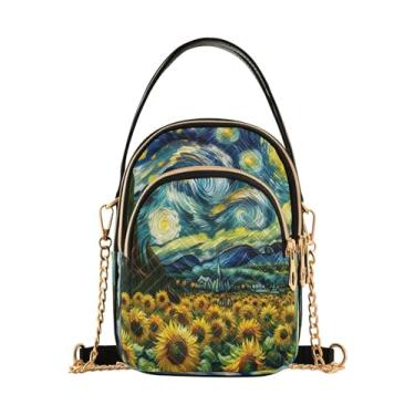 Imagem de Joisal Bolsa tiracolo feminina pequena unicórnio no espaço galáxia com zíper triplo, bolsa para celular, Girassóis noturnos estrelados, 15*21*8cm