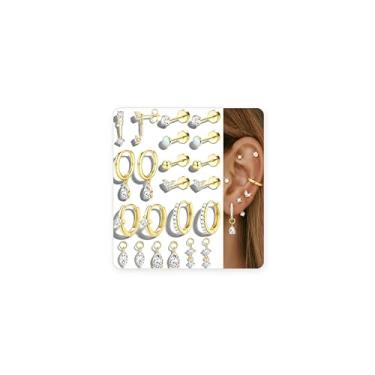 Imagem de Conjunto de brincos de argola pequenos para mulheres, hipoalergênicos, banhados a ouro, argolas de orelha, cartilagem, hélice, joias para orelhas sensíveis, brincos delicados e leves presentes
