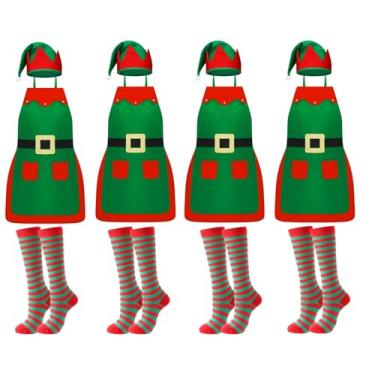 Imagem de Cotwinter Conjunto de avental de elfo de Natal com chapéu e meias avental de elfo adulto com bolso para presente de festa de Natal, cozinha, Verde, One Size