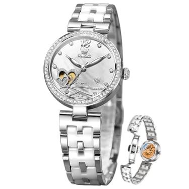 Imagem de OLEVS Relógios femininos automáticos luxuosos, relógio feminino, pulseira de cerâmica, ouro rosa, corda automática, relógio de pulso feminino, Todo prata, relógio feminino