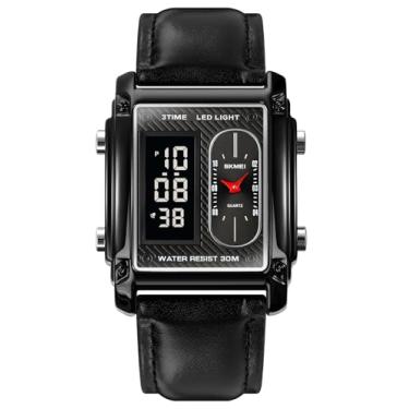 Imagem de Relógios de pulso masculinos com mostrador retangular com 7 cores opcionais, luz de fundo LED, cronômetro, alarme multifuncional, relógio com pulseira de borracha 12/24H, S Leather, Digital