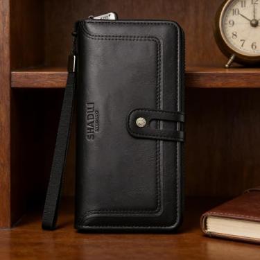 Imagem de Carteira masculina retrô preta com vários compartimentos, camurça cruzada, resistente à água, design retrô preto com vários compartimentos com alça, camurça cruzada, resistente à água