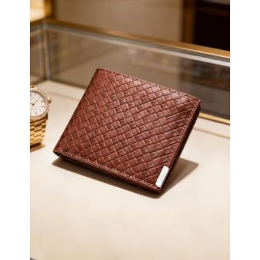 Imagem de Carteira masculina dobrável de couro curta, dobrável clássica em tom de terra (marrom claro)