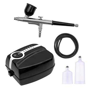 Imagem de Kit de Aerógrafo Multifuncional com Compressor Mão Ação Dupla Pressão Ajustável em 5 Níveis Máx 25PSI 3 Copo Tinta para Pintura Artesanato Modelo Colo