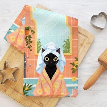 Imagem de Toalhas de cozinha engraçadas para gatos, utensílios de mesa decorativos absorventes de microfibra pano de prato toalha de chá, toalhas de mão duráveis em waffle para cozinha, casa, banheiro