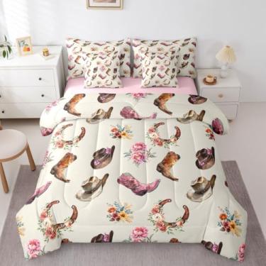 Imagem de Erosebridal Conjunto de cama com 7 peças, ferradura floral, tamanho casal, para casa de fazenda, chapéus de vaqueira, botas, cama em uma bolsa, para meninas adolescentes, conjunto de edredom com