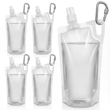 Imagem de VEAGINS Pacote com 4 garrafas de água dobráveis, garrafa de água dobrável de 1L para caminhadas com alça reforçada e mosquetão, garrafas de água de viagem compatíveis com filtro à prova de vazamento