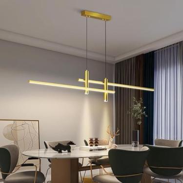 Imagem de Luminária pendente LED com intensidade regulável e controle remoto, ideal para mesa de jantar, sala de estar, escritório e hotel (Dourada, 120 cm de comprimento).