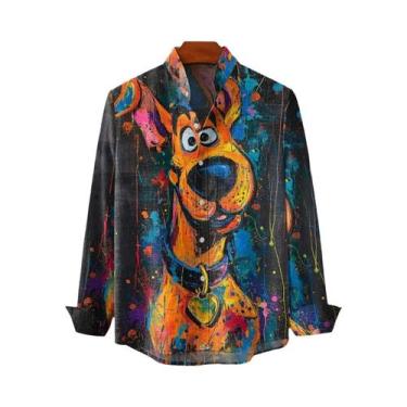 Imagem de Camisa De Linho Masculina Com Estampa Retrô De Gatinho Manga Longa Pri