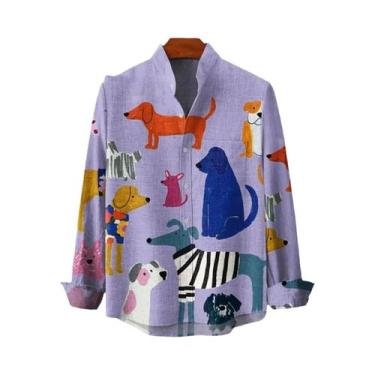 Imagem de Camisa De Linho Masculina Com Estampa Retrô De Gatinho Manga Longa Pri