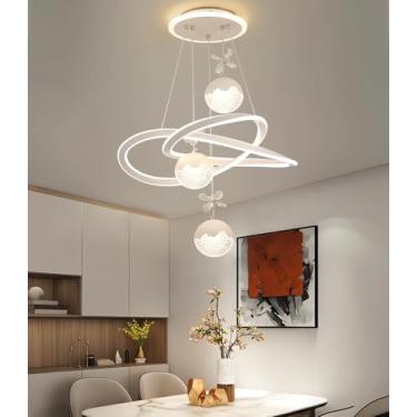 Imagem de Lustre moderno para sala de jantar, 40-50 cm, LED com cristal, dimerizável, equipado com controle remoto, 100 W, luminária suspensa para teto com altura ajustável, ideal para quartos (branco