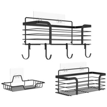 Imagem de Suporte de chuveiro de canto, organizador de banheiro autoadesivo de aço inoxidável sem perfuração, com ganchos e suporte de sabonete, rack de chuveiro de canto à prova de ferrugem para casa cozinha