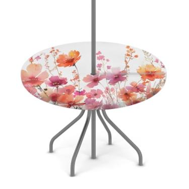 Imagem de Toalha de mesa redonda ajustada com orifício para guarda-chuva, toalha de mesa floral rosa selvagem ao ar livre com zíper capa de mesa elástica redonda impermeável toalha de mesa para guarda-chuva de