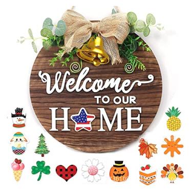 Imagem de Placa de boas-vindas sazonal intercambiável Guirlanda madeira redonda rústica com xadrez buffalo Decoração porta da frente varanda parede casa campo para todas as estações feriados Halloween