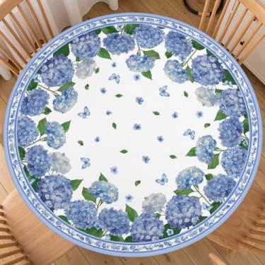 Imagem de ABSOP Toalha de mesa redonda primavera verão com borda elástica 102-111 cm estampa floral toalha de mesa lavável azul roxo para cozinha, jantar, festa, pátio, piquenique