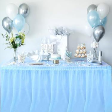 Imagem de Conjunto de saia de mesa descartável, azul claro, saia de mesa requintada com babados e toalha de mesa à prova de manchas, conjunto de toalha de mesa retangular para casamento, chá de bebê, dia dos