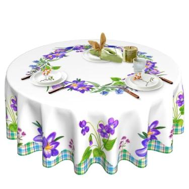 Imagem de theirsova Toalha de mesa floral de primavera redonda 152 cm, toalha de mesa de flores roxas, lavável, reutilizável para festas de fim de ano, casa, cozinha, decoração de mesa de jantar