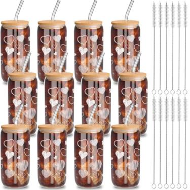 Imagem de Yetene 12 conjuntos de copos de vidro de corações brancos, copos de copo de dia dos namorados de 473 ml com tampas de bambu e canudos em forma de lata, copos de vidro transparente para café gelado