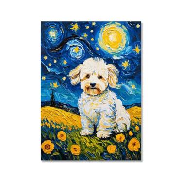 Imagem de Pintura a óleo floral colorida abstrata Van-Gogh Dog Starry Night Pôster em tela de arte de parede impressões engraçadas de animais para decoração de casa e sala de estar de fazenda (SKU12,40.6x60 cm