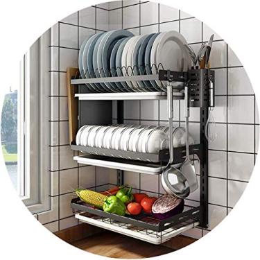 Imagem de Escorredor de pratos de parede de aço inoxidável 201 preto de 3 camadas com gaiola de pauzinhos e faca de cozinha