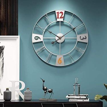 Imagem de U5GAAALPPQ9 Relógios de parede 3D moderno grande retro arte de ferro dourado relógio de parede oco algarismos romanos decoração de casa (prata 50 cm)