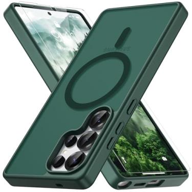 Imagem de Vansdon Capa para Samsung Galaxy S25 Ultra, compatível com MagSafe, capa protetora fina fosca translúcida magnética com 1 protetor de tela - proteção contra quedas de grau militar (verde escuro)