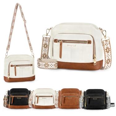 Imagem de RAINSMORE Bolsas transversais femininas de couro à prova d'água, bolsa de ombro, bolsa transversal, bolsa de viagem, Branco-marrom, 9.65 x 3.93 x 7.48 inches, Macio e elegante