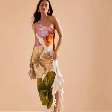 Imagem de Vestido Longo De Verão Feminino Com Estampa, Um Ombro, Fenda Irregular