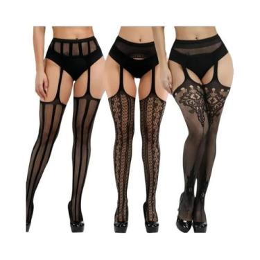 Imagem de Meias-calças Femininas Sensuais De Rede Até a Coxa, 3 Peças, Com Padrã