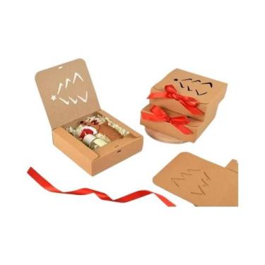 Imagem de Caixas De Presente Kraft Marrom Com Fitas Vermelhas 20un. Fechamento R