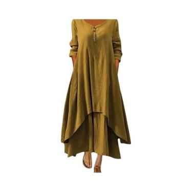 Imagem de Vestido Robe Vintage Boêmio De Linho Elegante Com Manga Longa Para Mul