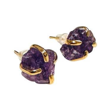 Imagem de Brinco Pedra Natural Ametista Garrinha Banhado Ouro Prata Cor:Dourado 