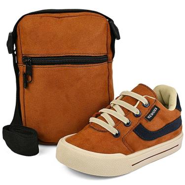 Imagem de Kit Tênis Esportivo Infantil Menino Cano Baixo Com Bolsa Caramelo Conforto Gatatuya-Mas...