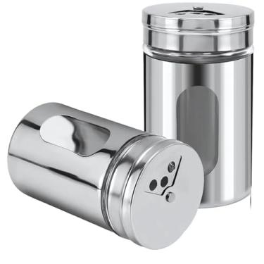 Imagem de Kit 2 Saleiro Pimenteiro Inox e Vidro Conjunto 2 Porta de Temperos Premium Aço Inoxidável Visor Tampa Giratória Premium com 3 níveis para Condimentos Cozinha