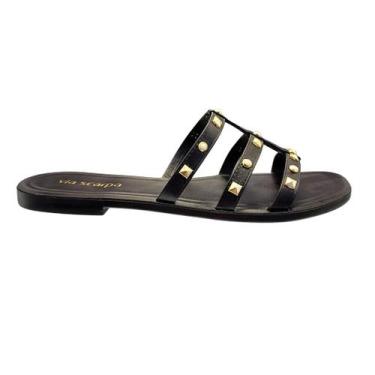 Imagem de Sandália Rasteirinha Feminina Enfeite Dourado Via Scarpa, Preto, 38
