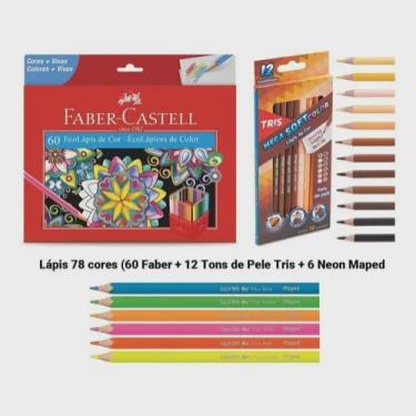 Imagem de Lápis de cor 78 Cores (60 Faber Castell + 12 Pele Tris + 6 Neon Maped)