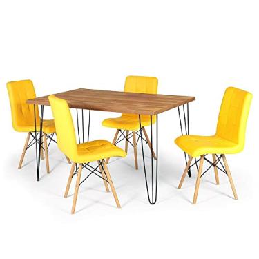 Imagem de Conjunto Mesa de Jantar Hairpin 130x80 Natural com 4 Cadeiras Eiffel Gomos - Amarelo