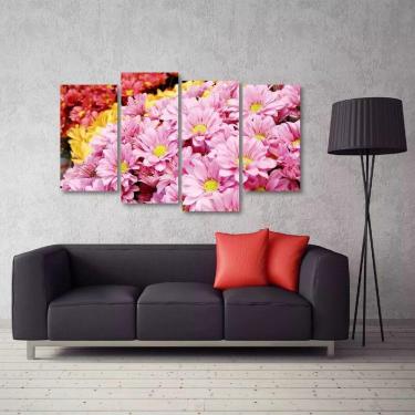 Imagem de Quadro Decorativo Flores Rosa Mosaico Em Tecido 4 Peçases