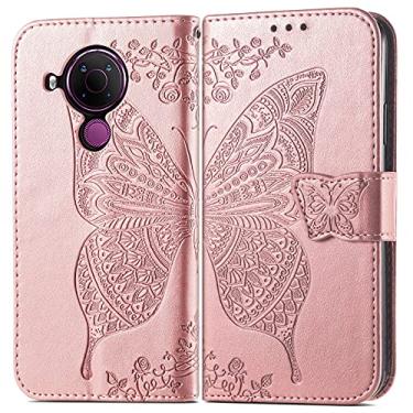 Imagem de HAIJUN Capa carteira para celular compatível com Nokia 5.4, à prova de choque carteira flip capa de telefone/alça de pulso/coldre floral borboleta padrão carteira capa (cor: rosa rosa)