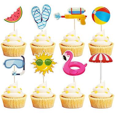 Imagem de Mulukaya 32Pcs Summer Pool Theme Beach Ball Sun Umbrella Slippers Water Gun Goggles Cupcake Toppers Cake Picks for Summer Birthday Tropical Luau Hawaiian Party Supplies
