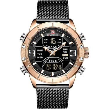 Imagem de SUKPETA Relógio masculino analógico digital com pulseira de malha de aço inoxidável, relógio esportivo à prova d'água com alarme, relógio de pulso de horário duplo militar, Dourado,