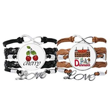 Imagem de DIYthinker Pulseira Demark National Symbol com padrão de marco e pulseira de couro com corda cereja e amor conjunto duplo
