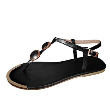 Imagem de Sandálias casuais femininas verão abertas fivela romana chinelos de tira sapatos rasteiros dedo sandálias femininas sandálias de salto baixo para mulheres slip-on (preto, 6)
