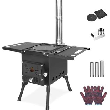Imagem de Fogão a lenha dobrável ultraleve com grande fornalha fogão de acampamento para cozinhar barraca de acampamento caminhadas pesca mochilão, preto