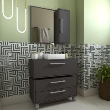 Imagem de Gabinete para Banheiro Suspenso 80cm Alice com Balcão 2 Gavetas e Espelheira com Cuba Branca Grafite
