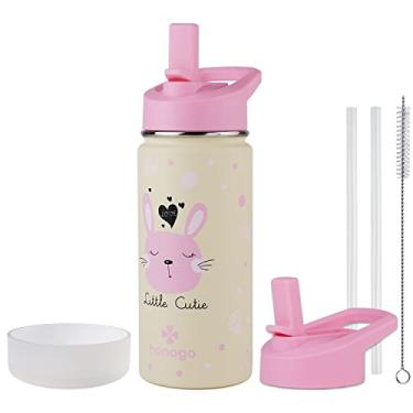 Imagem de honogo Garrafa de água infantil isolada de aço inoxidável de 473 ml, frasco térmico de metal à prova de vazamento com tampa de palha, copo infantil fofo para meninas e meninos (rosa, coelho)