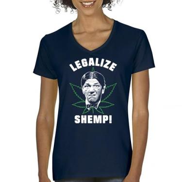 Imagem de Camiseta feminina Legalize Shemp The Three Stooges gola V 420 Weed Smoking 3 American Legends Curly Moe Howard Larry Trio Tee, Azul marinho, M